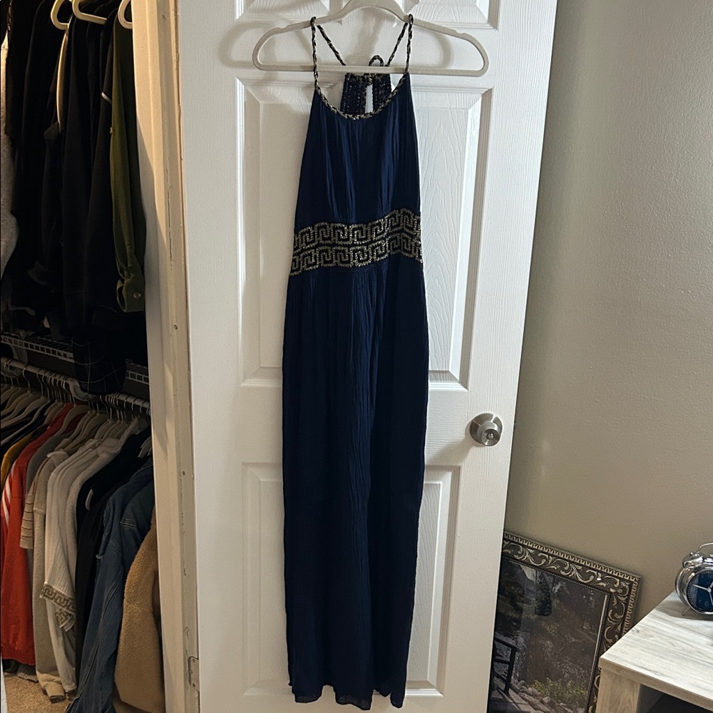 Navy Blue Maxi Dress with Gold Accents